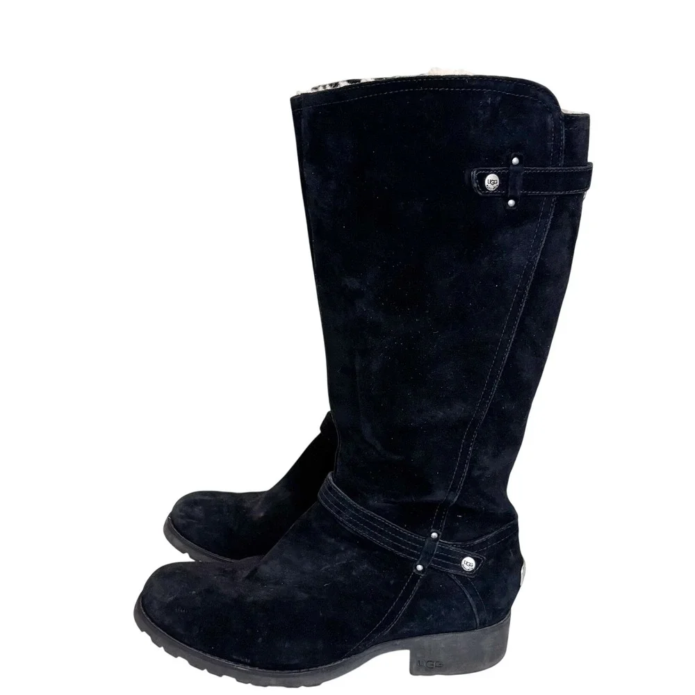 UGG Womens Jillian Shearling Lined Suede Boots 11 Black Riding Tall Zip Winter